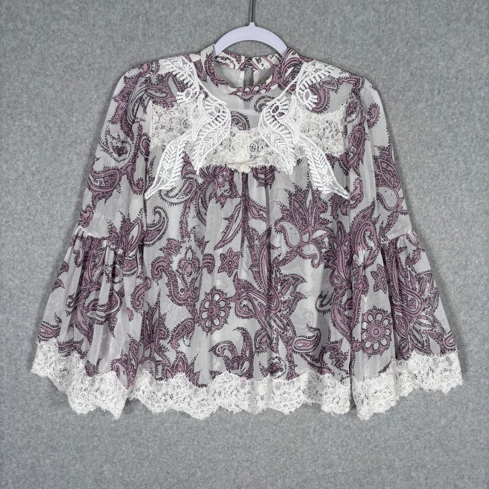 LOFT Lace Trim Coquette Blouse Small Paisley Flowy High Neck Feminine Boho Sheer